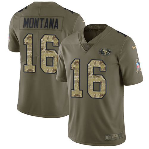 Nike 49ers #16 Joe Montana Olive/Camo Men's Stitched NFL Limited Salute To Service Jersey
